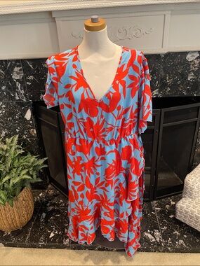 Kelsi Dagger Blue Midi Dress with Red Floral Print